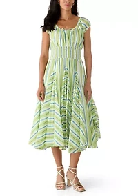 Women's Short Sleeve Multi Striped Pleated Peasant Dress
