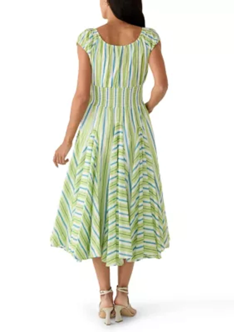 Women's Short Sleeve Multi Striped Pleated Peasant Dress