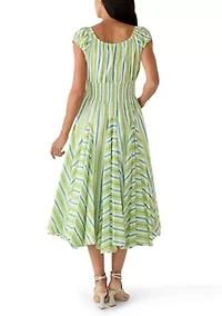 Women's Short Sleeve Multi Striped Pleated Peasant Dress