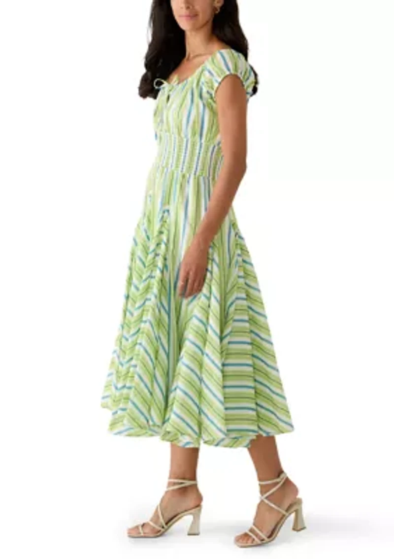 Women's Short Sleeve Multi Striped Pleated Peasant Dress