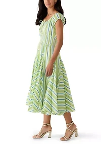 Women's Short Sleeve Multi Striped Pleated Peasant Dress