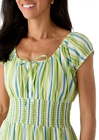 Women's Short Sleeve Multi Striped Pleated Peasant Dress