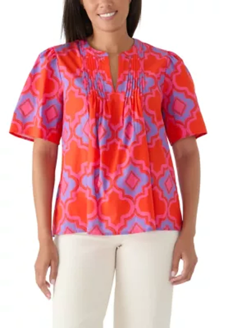 Women's Split Neck Pleated Tile Print Blouse