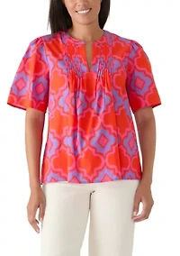 Women's Split Neck Pleated Tile Print Blouse