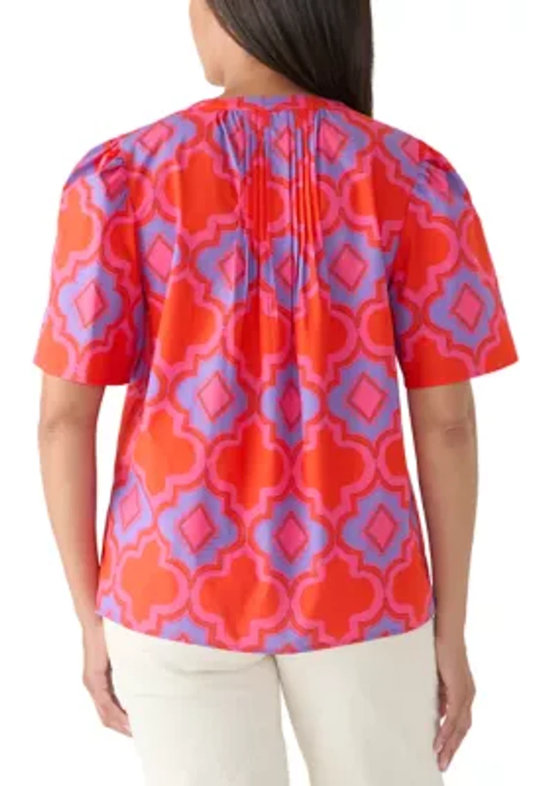Women's Split Neck Pleated Tile Print Blouse