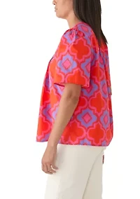 Women's Split Neck Pleated Tile Print Blouse