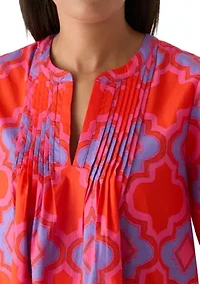 Women's Split Neck Pleated Tile Print Blouse