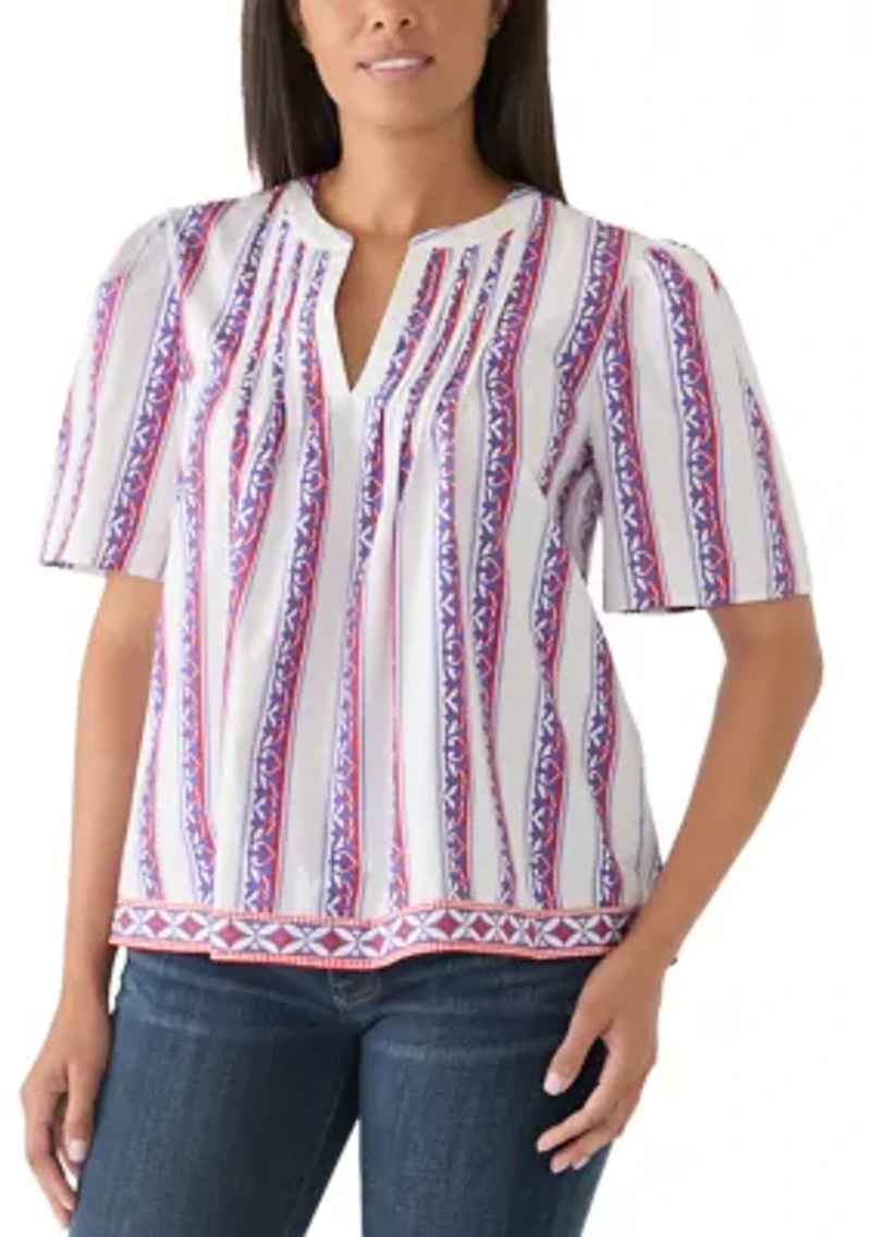 Women's Split Neck Pleated Print Blouse