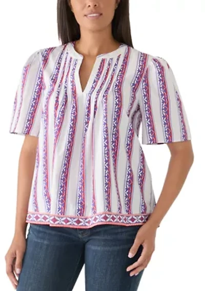 Women's Split Neck Pleated Print Blouse