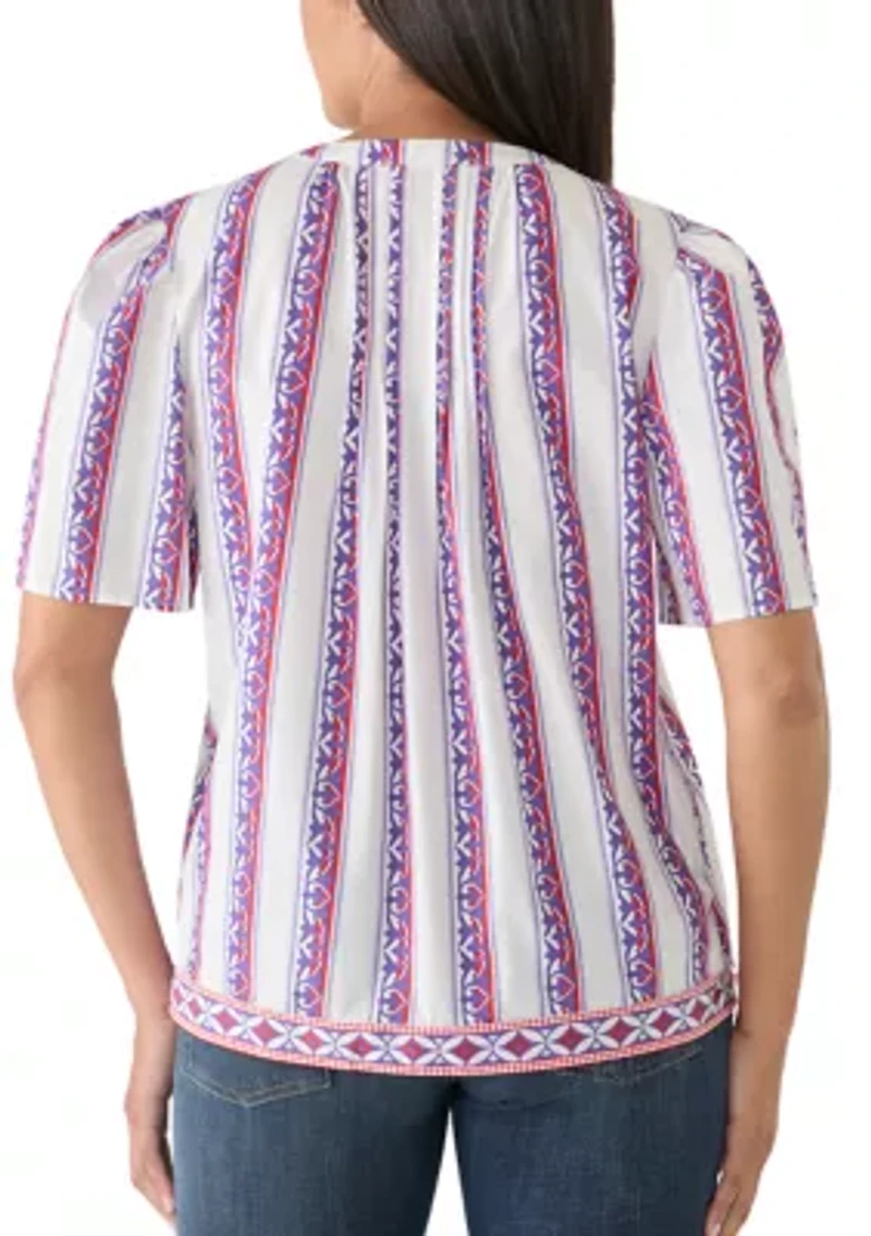 Women's Split Neck Pleated Print Blouse