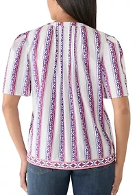 Women's Split Neck Pleated Print Blouse