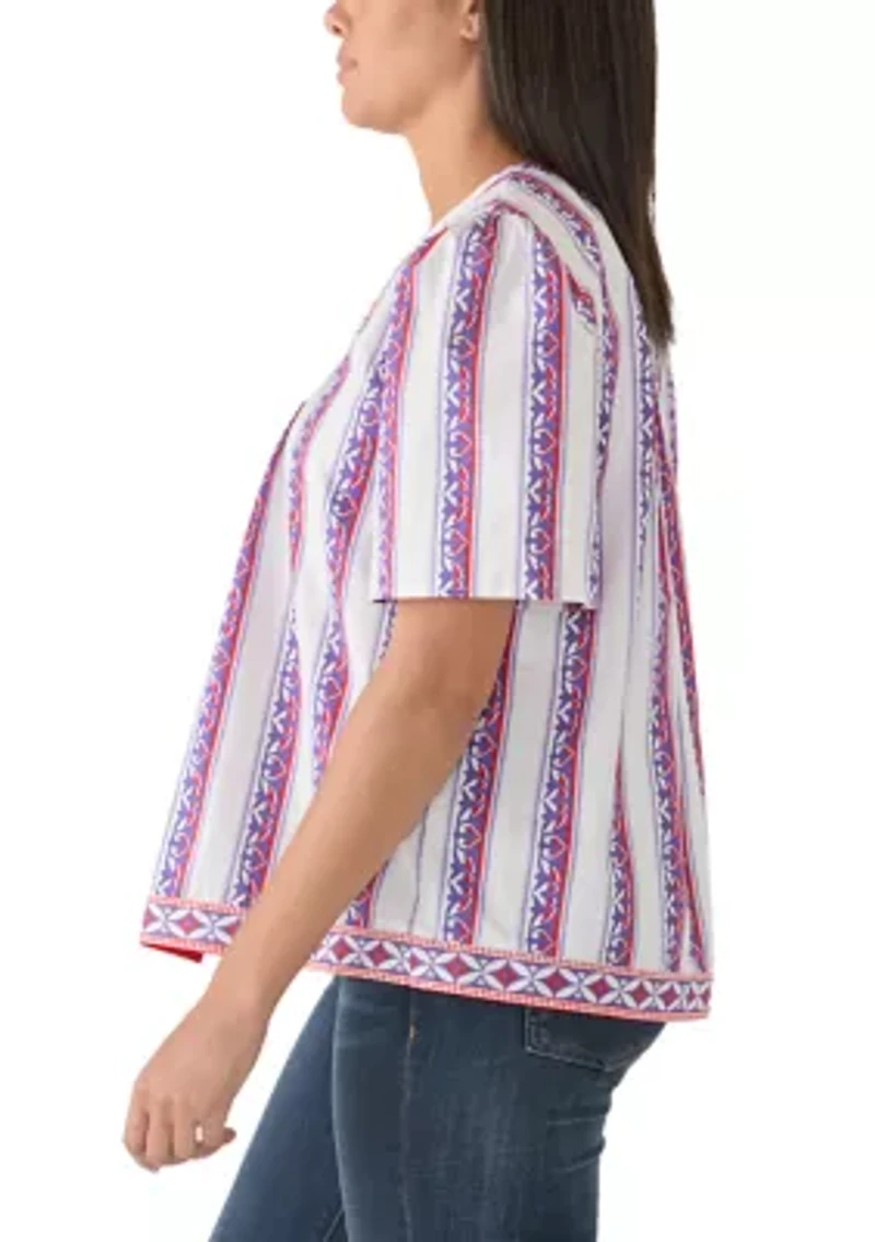Women's Split Neck Pleated Print Blouse