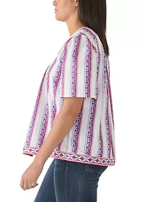 Women's Split Neck Pleated Print Blouse