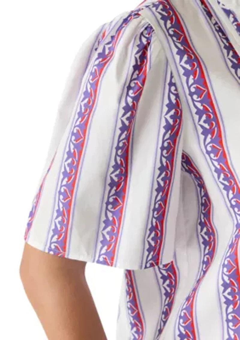Women's Split Neck Pleated Print Blouse