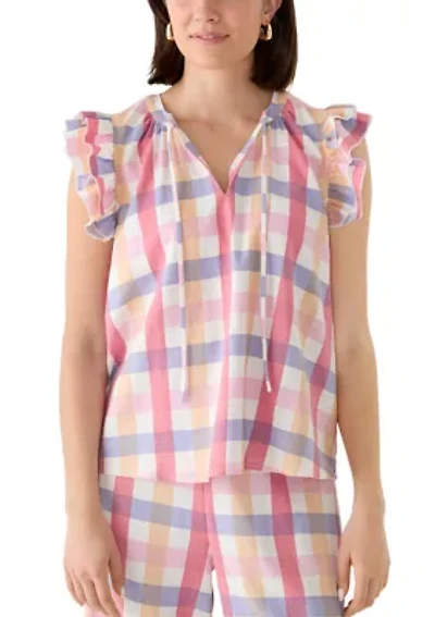 Women's Flutter Sleeve Plaid Split Neck Blouse