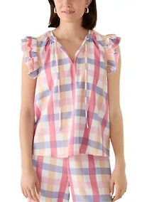 Women's Flutter Sleeve Plaid Split Neck Blouse