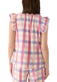 Women's Flutter Sleeve Plaid Split Neck Blouse