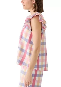 Women's Flutter Sleeve Plaid Split Neck Blouse
