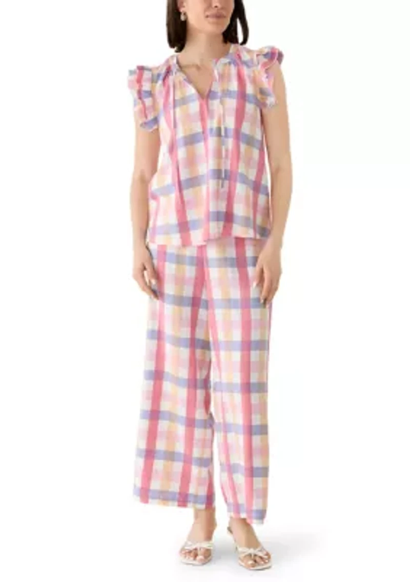 Women's Flutter Sleeve Plaid Split Neck Blouse