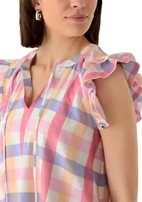 Women's Flutter Sleeve Plaid Split Neck Blouse