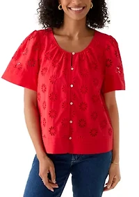 Women's Flutter Sleeve Eyelet Blouse
