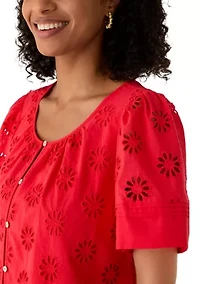 Women's Flutter Sleeve Eyelet Blouse