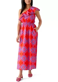 Women's Ruffle One Shoulder Tile Midi Dress