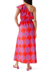 Women's Ruffle One Shoulder Tile Midi Dress