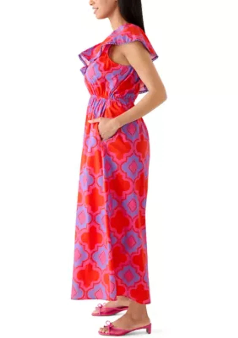 Women's Ruffle One Shoulder Tile Midi Dress