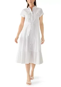 Women's Short Sleeve Tie Waist Tier Shirt Dress