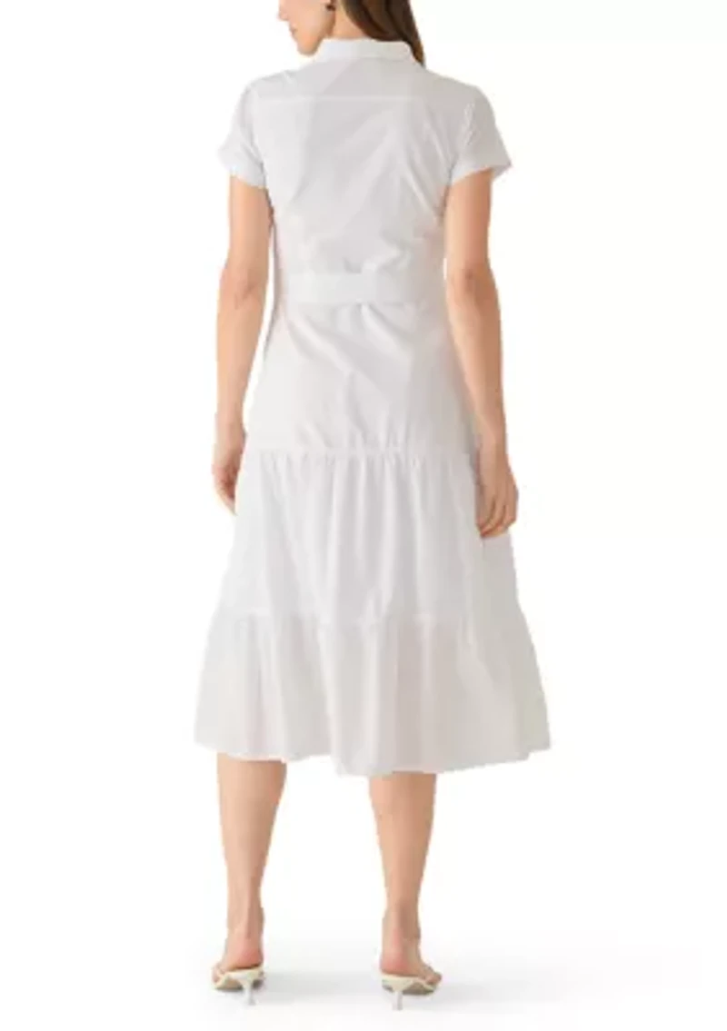 Women's Short Sleeve Tie Waist Tier Shirt Dress