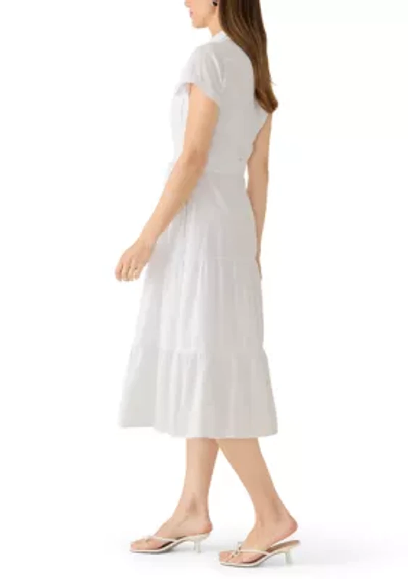 Women's Short Sleeve Tie Waist Tier Shirt Dress