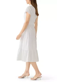 Women's Short Sleeve Tie Waist Tier Shirt Dress