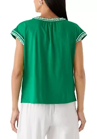 Women's Short Sleeve Embroidered V-Neck Knit Top