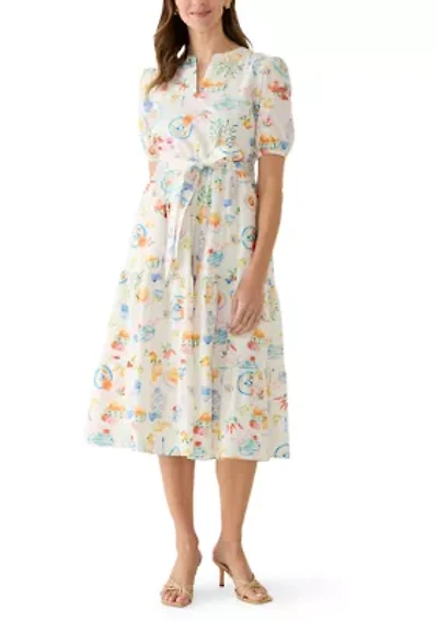 Women's Tiered Postcard Print Midi Dress