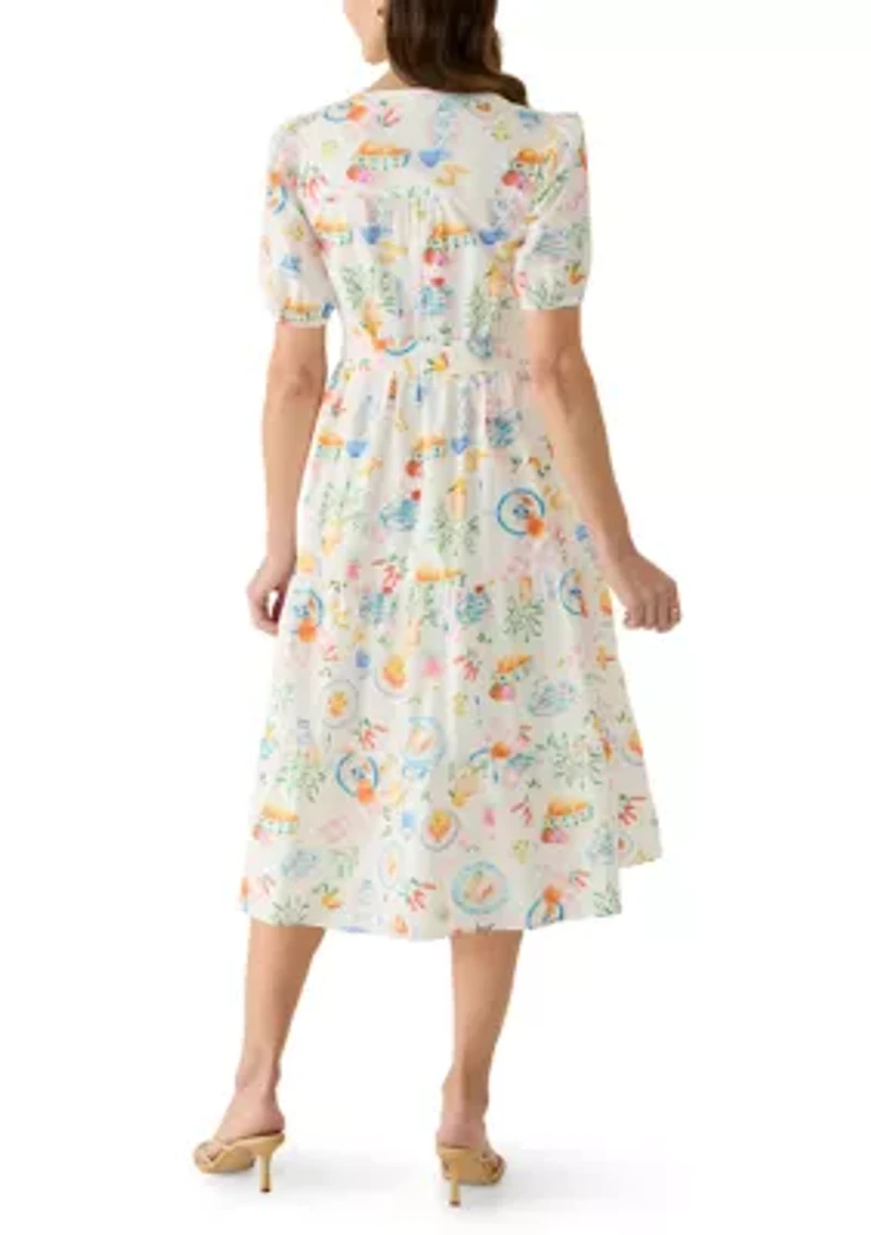 Women's Tiered Postcard Print Midi Dress