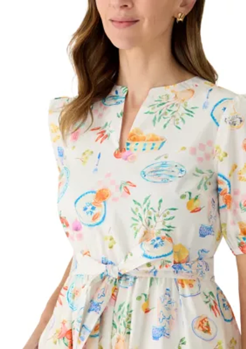 Women's Tiered Postcard Print Midi Dress
