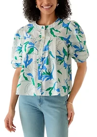 Women's Puff Sleeve Button Front Garden Printed Blouse
