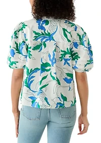 Women's Puff Sleeve Button Front Garden Printed Blouse