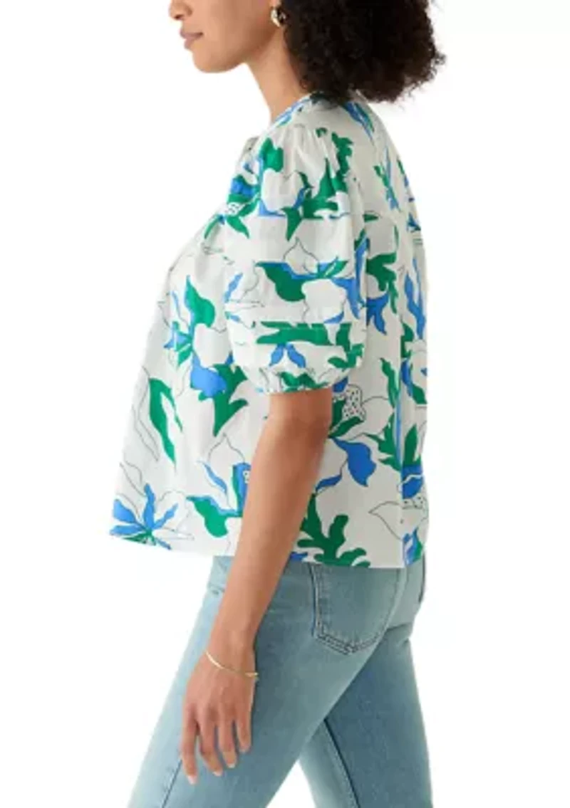 Women's Puff Sleeve Button Front Garden Printed Blouse