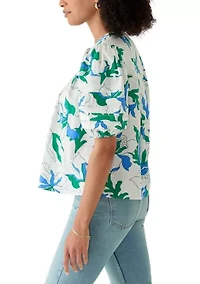 Women's Puff Sleeve Button Front Garden Printed Blouse