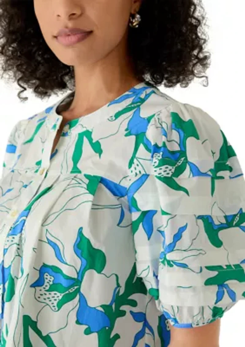 Women's Puff Sleeve Button Front Garden Printed Blouse