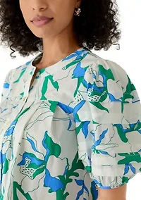 Women's Puff Sleeve Button Front Garden Printed Blouse