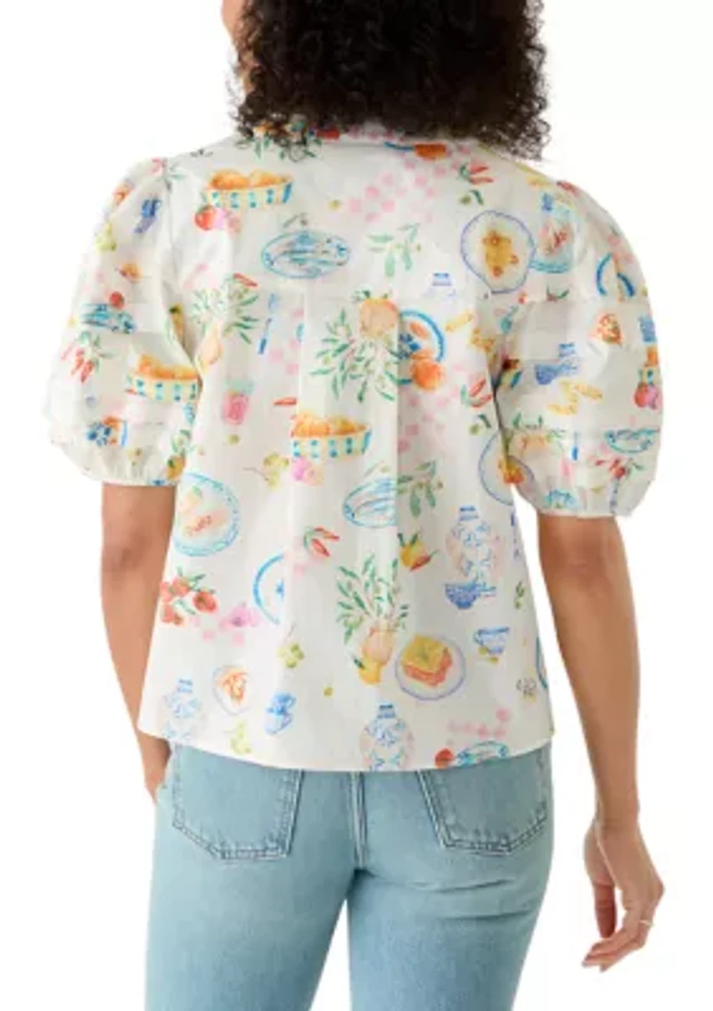 Women's Puff Sleeve Button front Printed Blouse