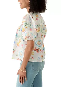Women's Puff Sleeve Button front Printed Blouse