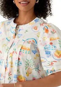 Women's Puff Sleeve Button front Printed Blouse