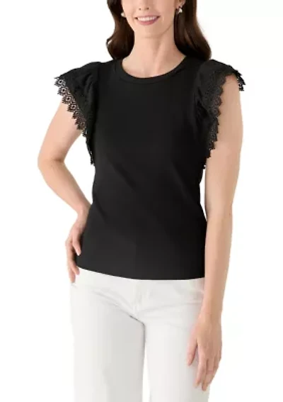 Women's Flutter Sleeve Mixed Media Knit Top