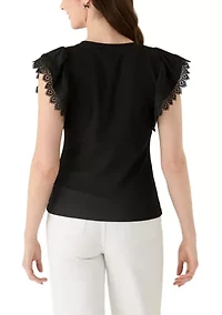 Women's Flutter Sleeve Mixed Media Knit Top