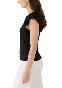 Women's Flutter Sleeve Mixed Media Knit Top