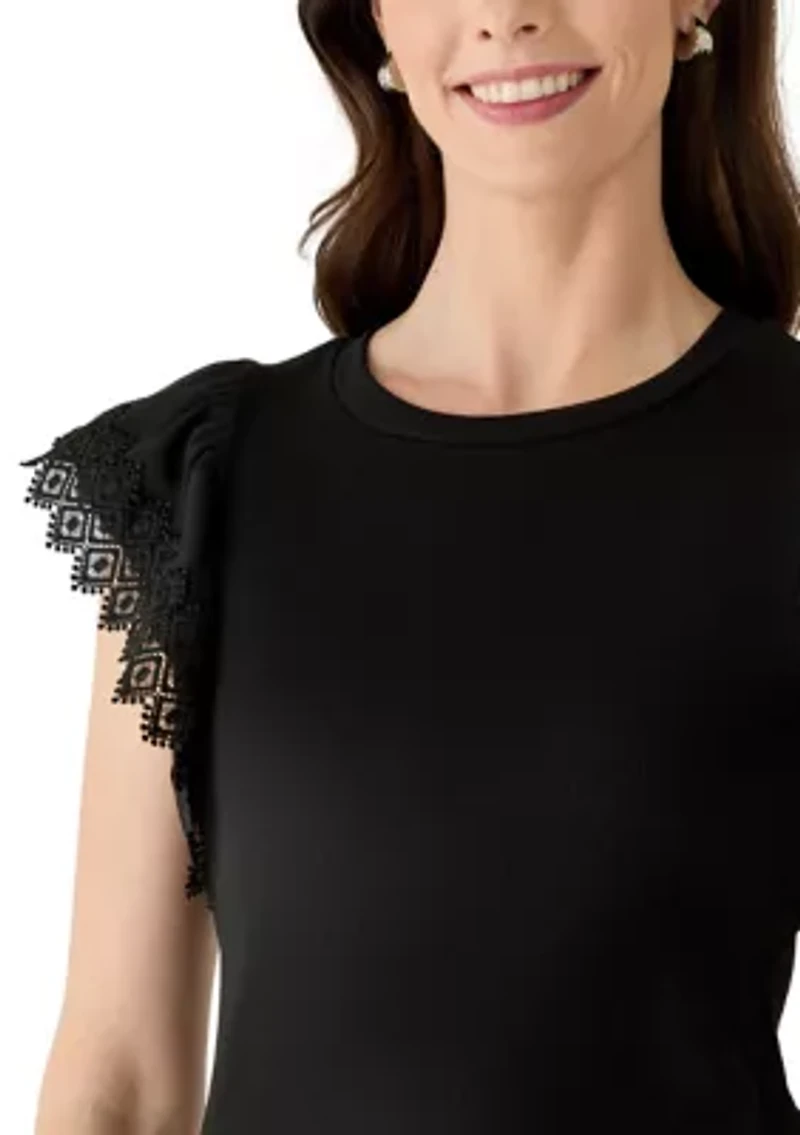 Women's Flutter Sleeve Mixed Media Knit Top